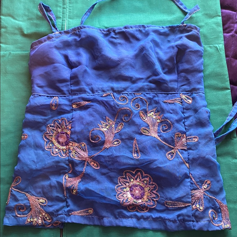 Blue Embroidered Spaghetti-Strap Women's Top
